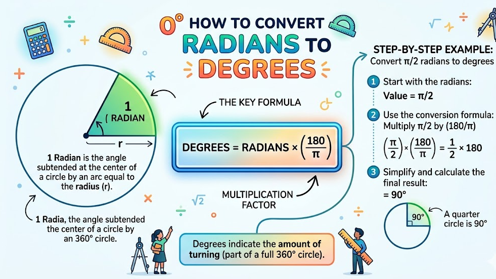 how to convert radians to degrees