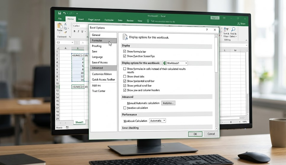 Excel Options Settings for Formula Display